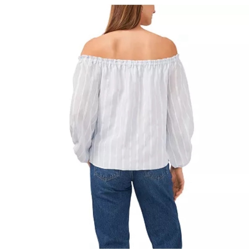 VINCE CAMUTO Striped Balloon-Sleeve Off-The-Shoulder Top - Picture 2 of 9